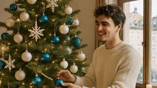 Weihnachtsbaum wird dekoriert